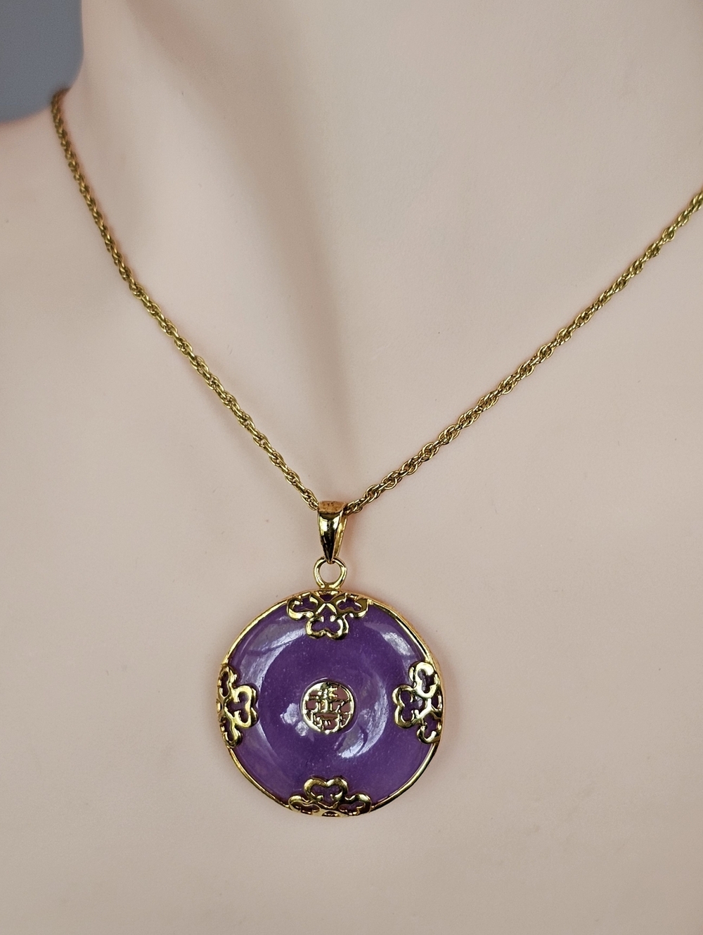 Good Fortune Genuine Purple Jade Donut Pendant Necklace 18k Vermeil 20"